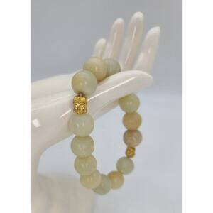 Vintage White Green Jade Stretch Bracelet 2 Gold Tone Buddha Accents Sz 7.5